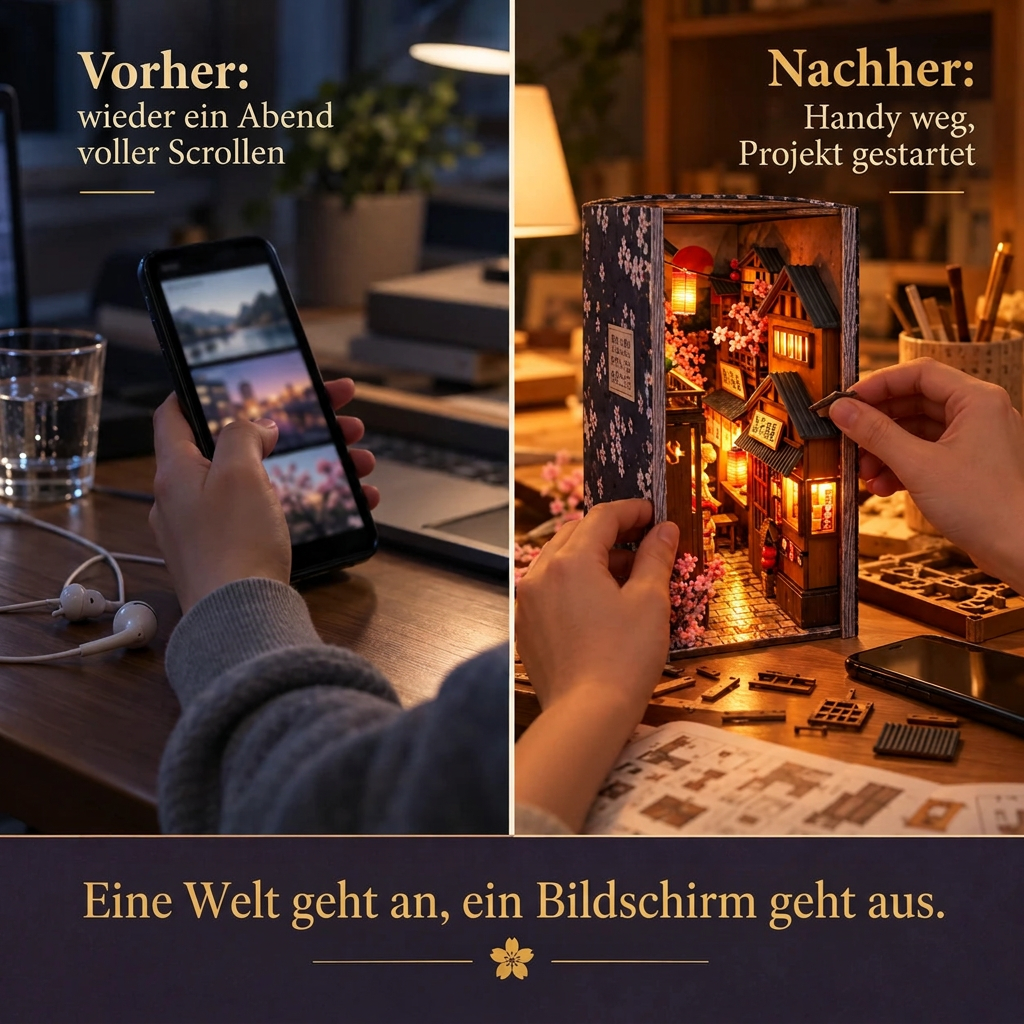 Vorher/Nachher: Handy weg, Aufbau des Book Nook Gasse von Kyoto
