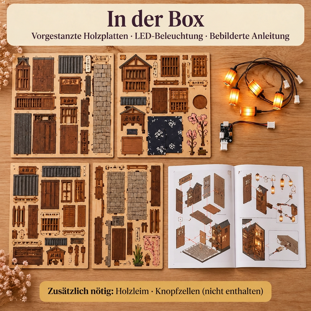 Inhalt des Sets Gasse von Kyoto: vorgestanzte Holzplatten, LED und Anleitung