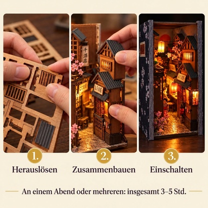 Die drei Bauschritte der Gasse von Kyoto: herauslösen, zusammenbauen, einschalten