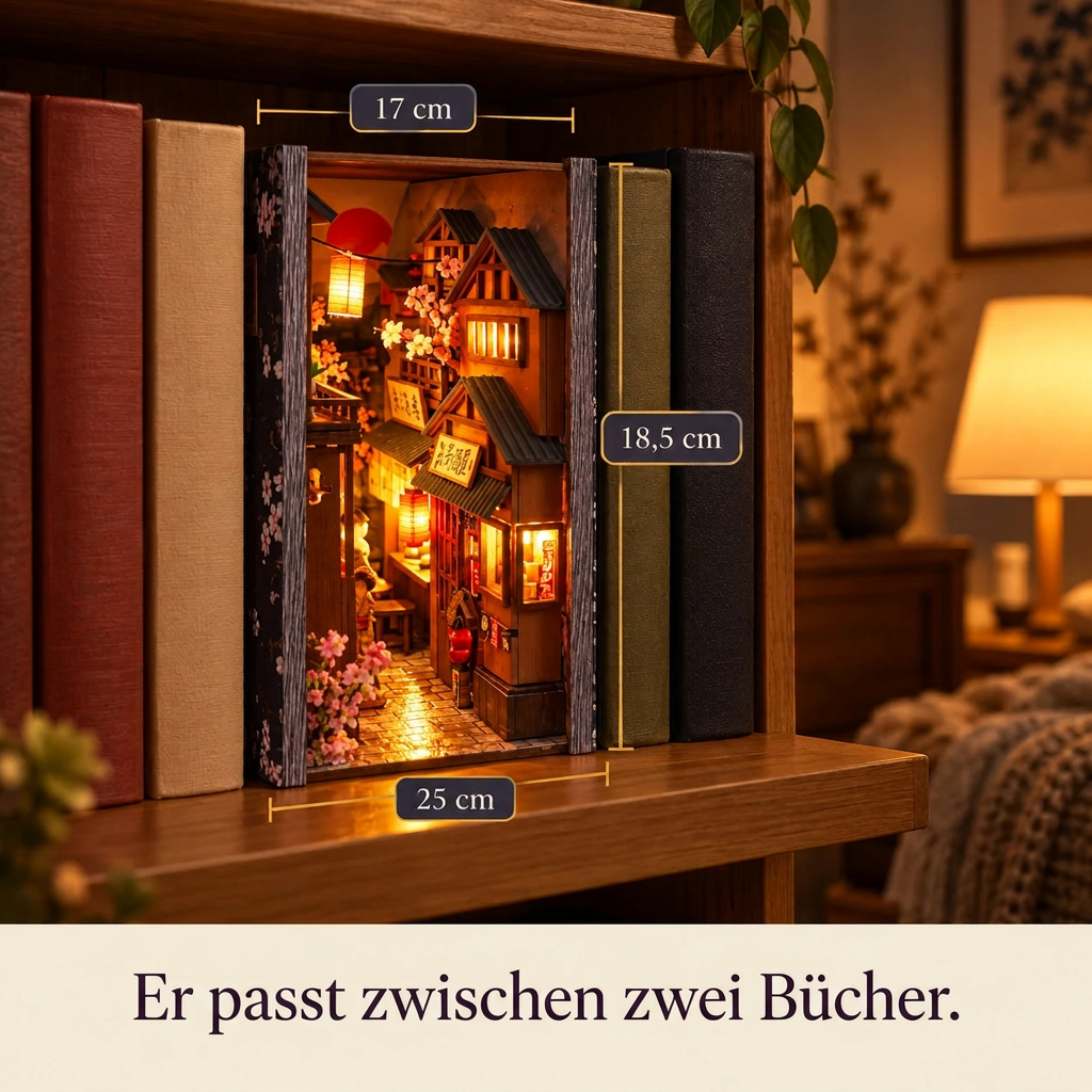 Book Nook Gasse von Kyoto zwischen zwei Büchern, Maße 25 × 18,5 × 17 cm