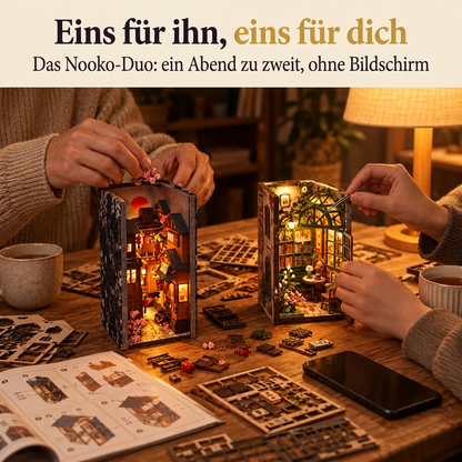 Zwei Personen bauen gemeinsam je einen Book Nook: das Nooko-Duo
