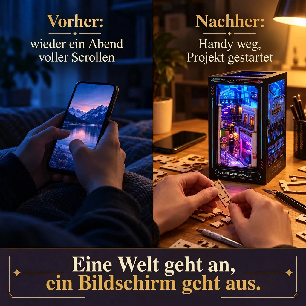 Vorher/Nachher: Handy weg, Aufbau des Book Nook Neon-Gasse