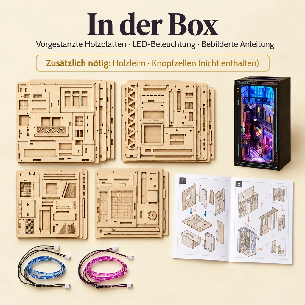 Inhalt des Sets Neon-Gasse: vorgestanzte Holzplatten, LEDs und Anleitung