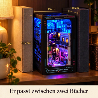 Book Nook Neon-Gasse zwischen zwei Büchern, Maße 18,7 × 15 × 10 cm