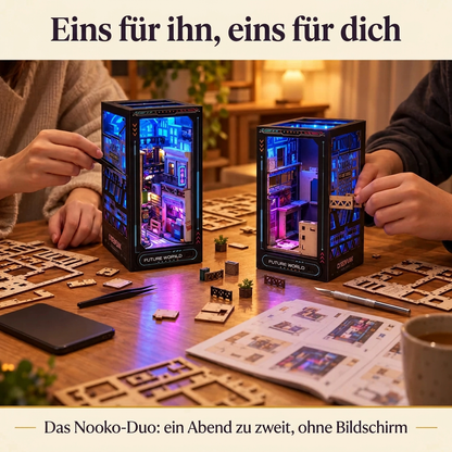 Zwei Personen bauen gemeinsam je eine Neon-Gasse: das Nooko-Duo