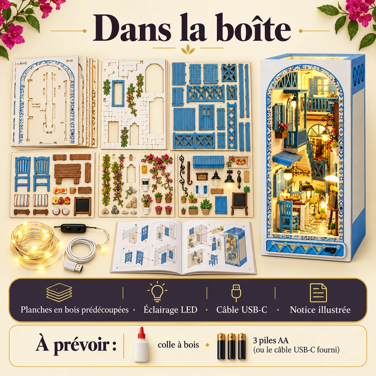Contenu de la boîte de la Ruelle de Santorin avec bois prédécoupé, LED, câble USB-C et notice