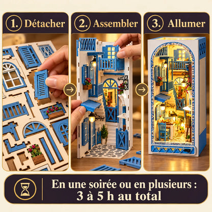 Trois étapes de montage de la Ruelle de Santorin : détacher, assembler et allumer