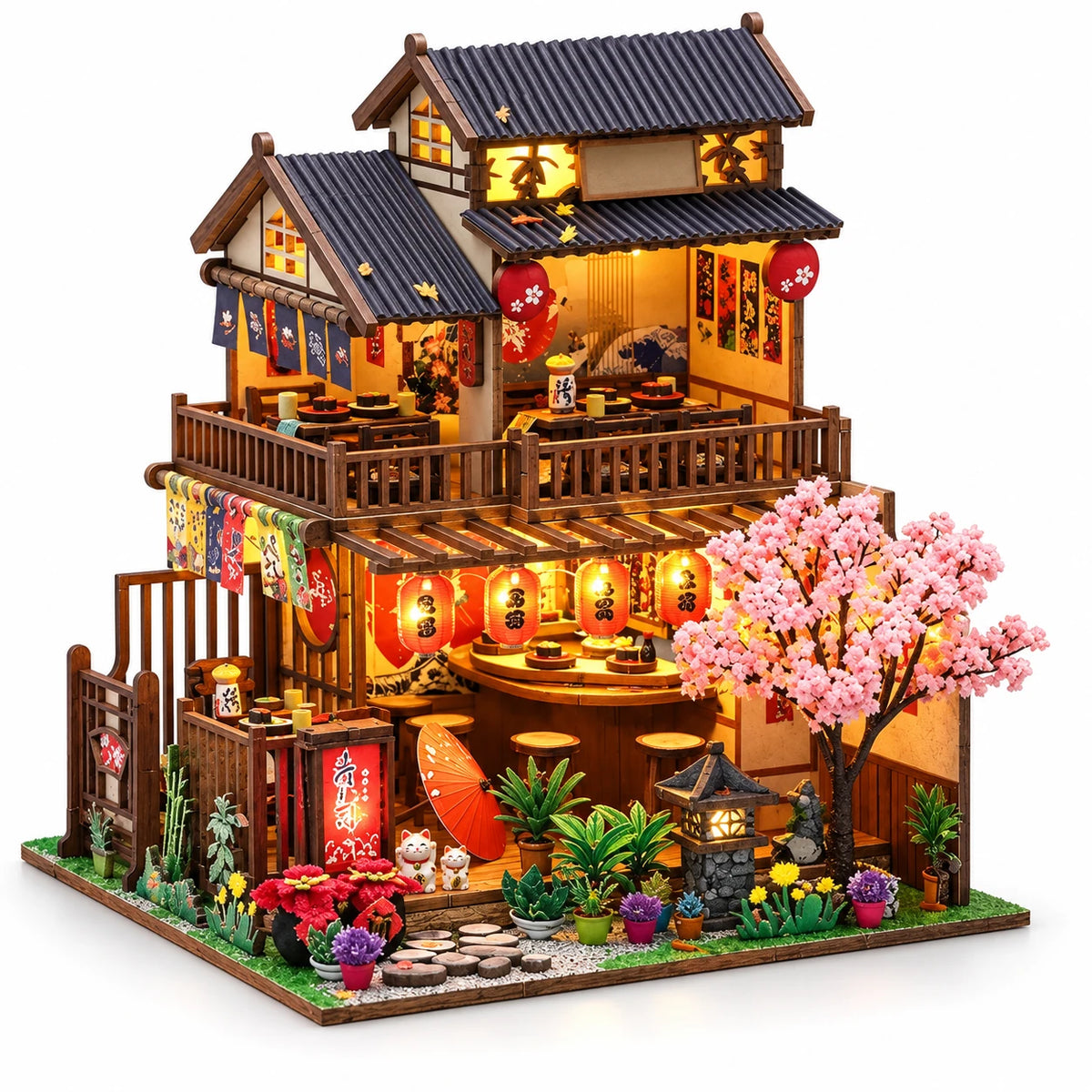 Salon des Cerisiers NOOKO, maison miniature japonaise à deux étages avec LED sur fond blanc
