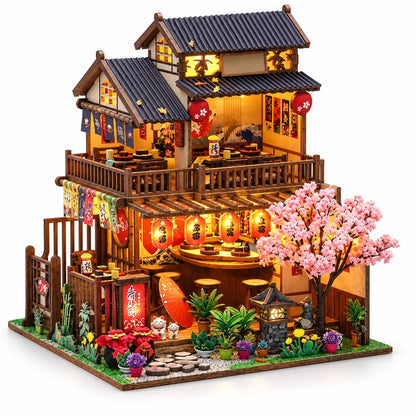 Salon des Cerisiers NOOKO, maison miniature japonaise à deux étages avec LED sur fond blanc