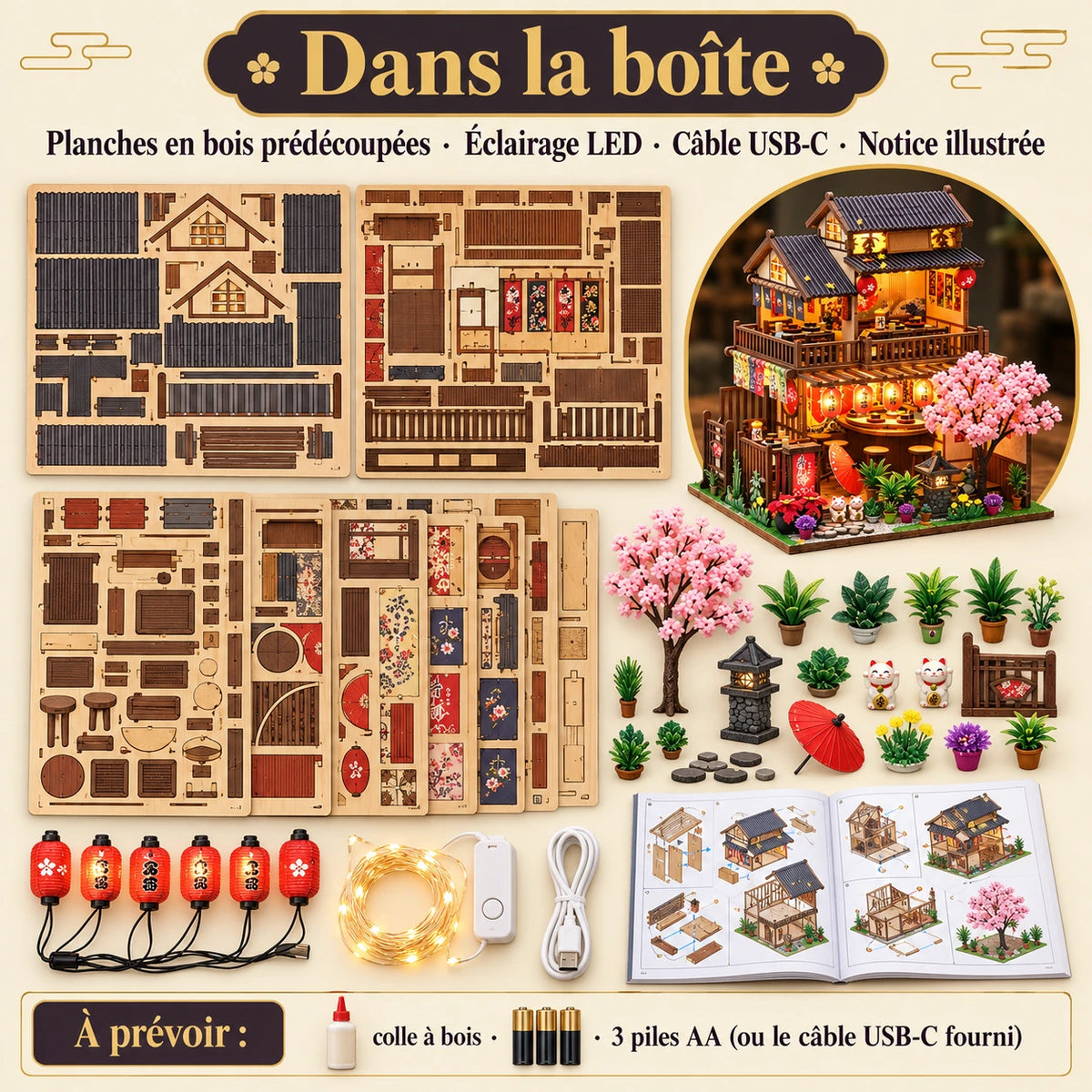 Contenu de la boîte du kit miniature Salon des Cerisiers avec bois, LED, câble USB-C et notice