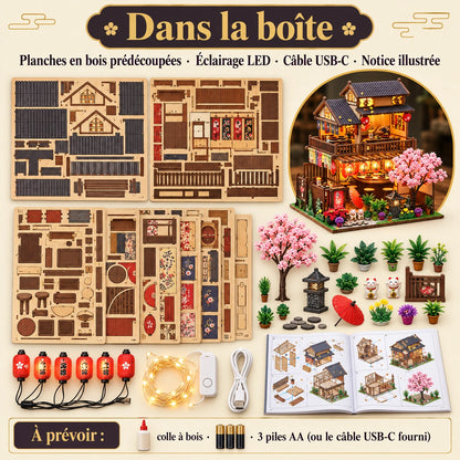 Contenu de la boîte du kit miniature Salon des Cerisiers avec bois, LED, câble USB-C et notice
