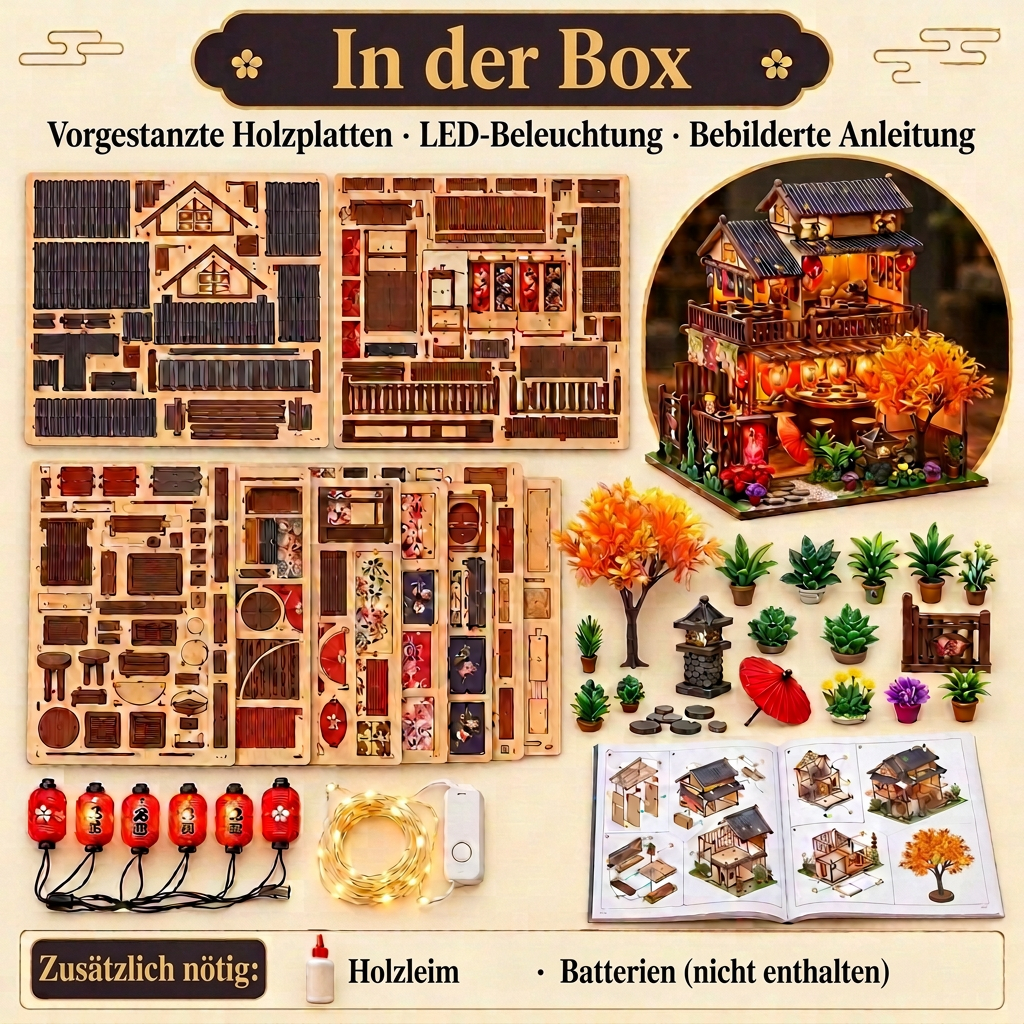 Inhalt des Sets Kirschblüten-Salon: vorgestanzte Holzplatten, LED und Anleitung