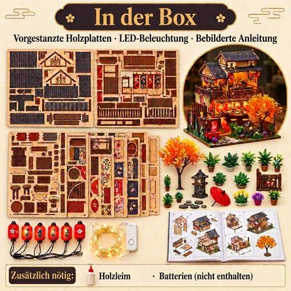 Inhalt des Sets Kirschblüten-Salon: vorgestanzte Holzplatten, LED und Anleitung