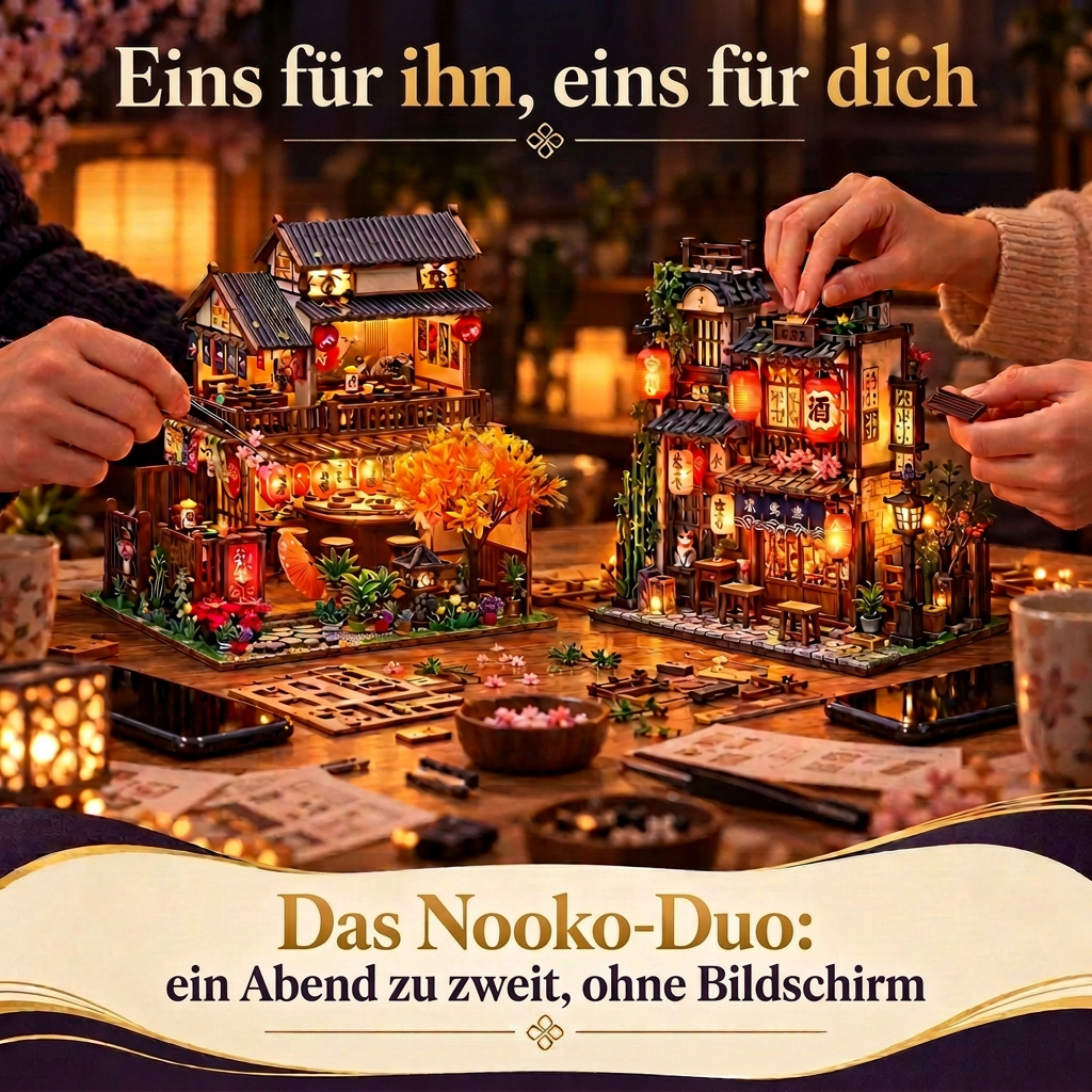 Zwei Personen bauen gemeinsam je ein Miniaturhaus: das Nooko-Duo