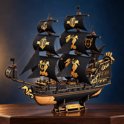 Grand voilier Seahorse Barque en bois avec voiles noires et ornements dorés