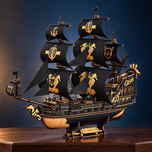 Grand voilier Seahorse Barque en bois avec voiles noires et ornements dorés