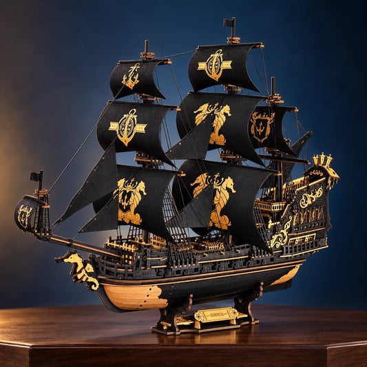 Grand voilier Seahorse Barque en bois avec voiles noires et ornements dorés