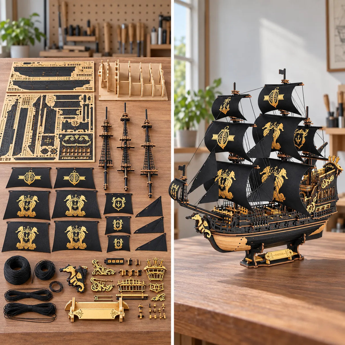 Avant et après montage du voilier Seahorse Barque en bois