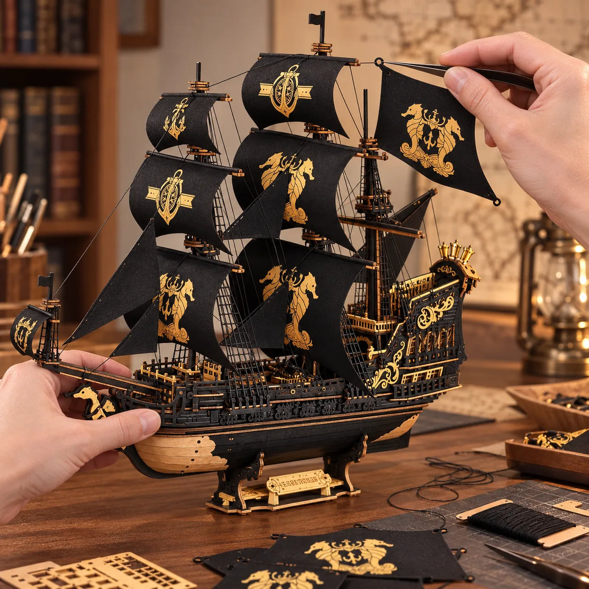 Fixation d'une voile noire sur le gréement du Seahorse Barque