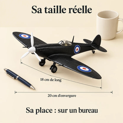 The Black Spitfire on a desk, 18 cm long with a 20 cm wingspan