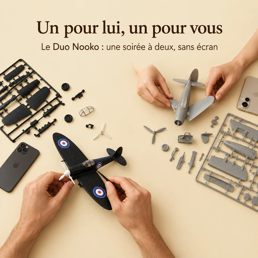 Two people building a NOOKO kit side by side, a screen-free evening