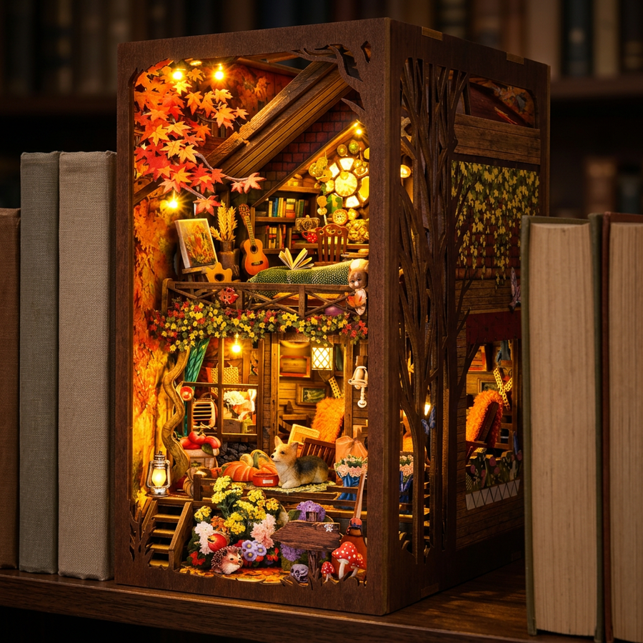 Étape 3 du montage de Le Cottage d'Automne : le kit terminé et allumé entre des livres