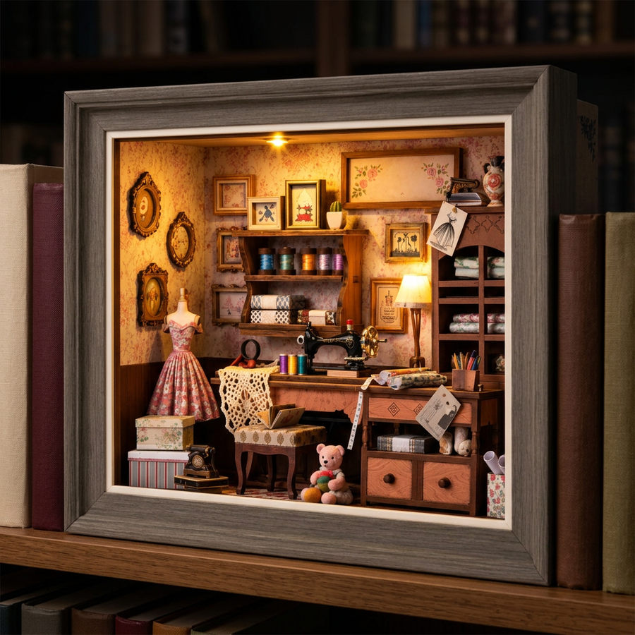 Fase 3 del montaggio: Accendere – Book Nook Sartoria di Lily — Kit Fai da Te in Legno