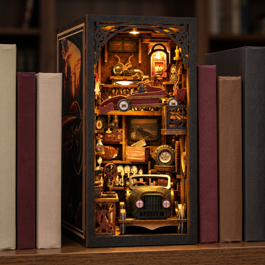 Step 3 of the build: Light it up – Book Nook Collector's Garage — DIY Wooden Kit