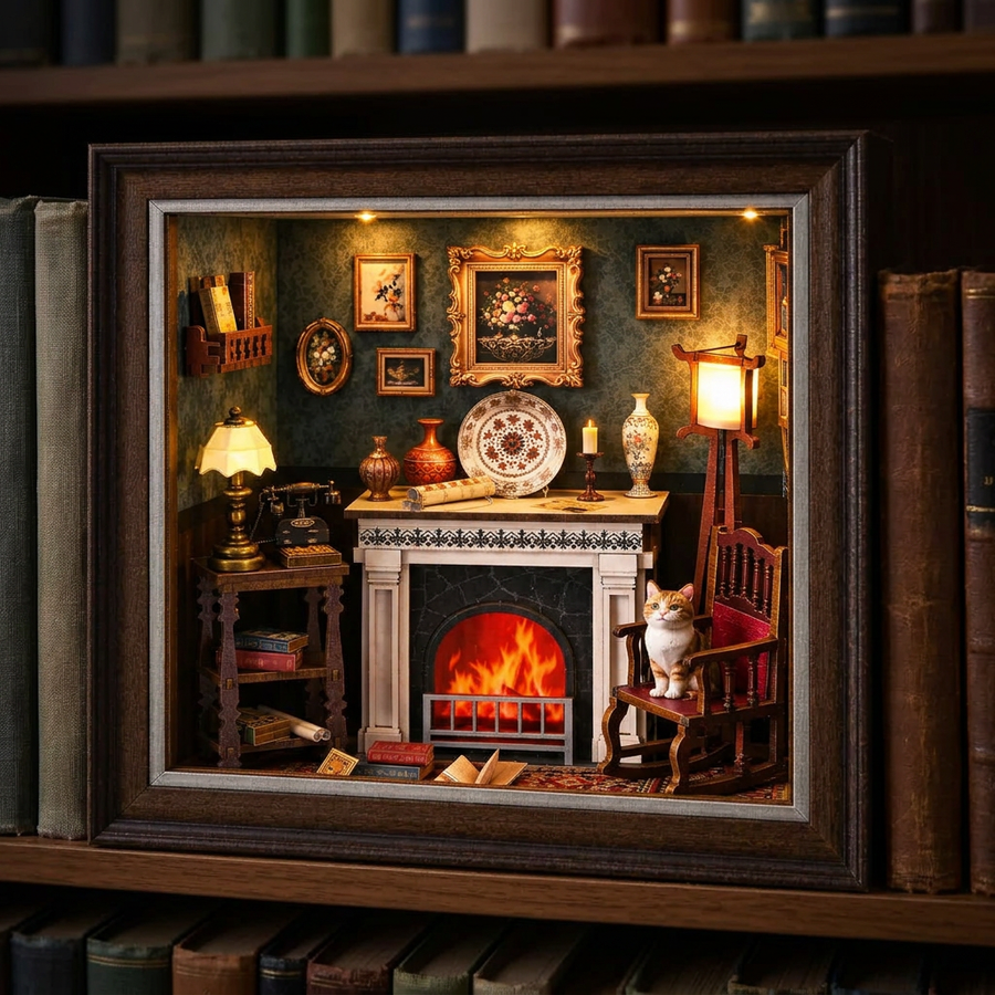 Étape 3 du montage de Le Coin du Feu : le kit terminé et allumé entre des livres