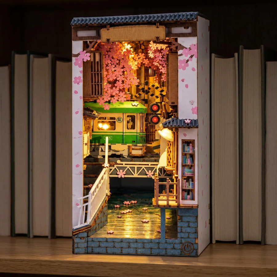Schritt 3 beim Aufbau: Anknipsen – Book Nook Sakura-Straßenbahn — Japanischer DIY-Bausatz aus Holz
