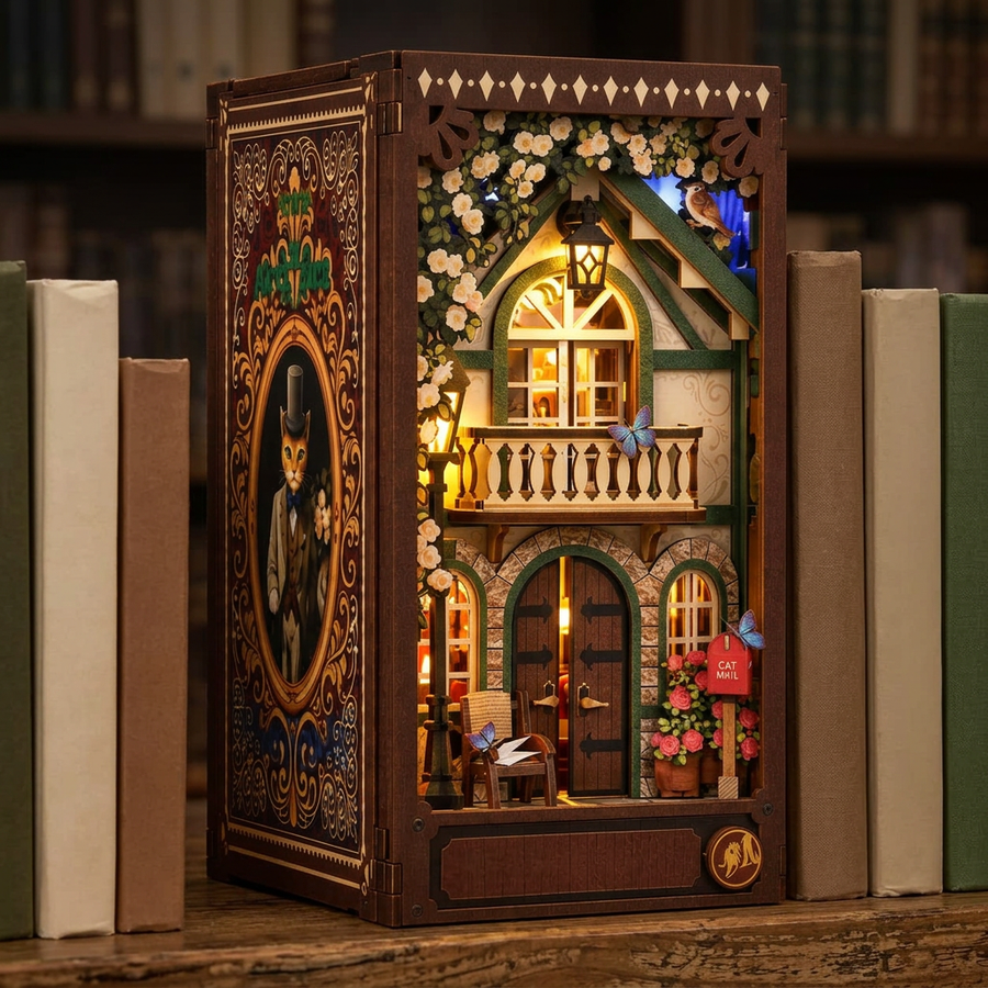 Schritt 3 beim Aufbau: Anknipsen – Book Nook Katzenbüro — DIY-Buchstütze aus Holz