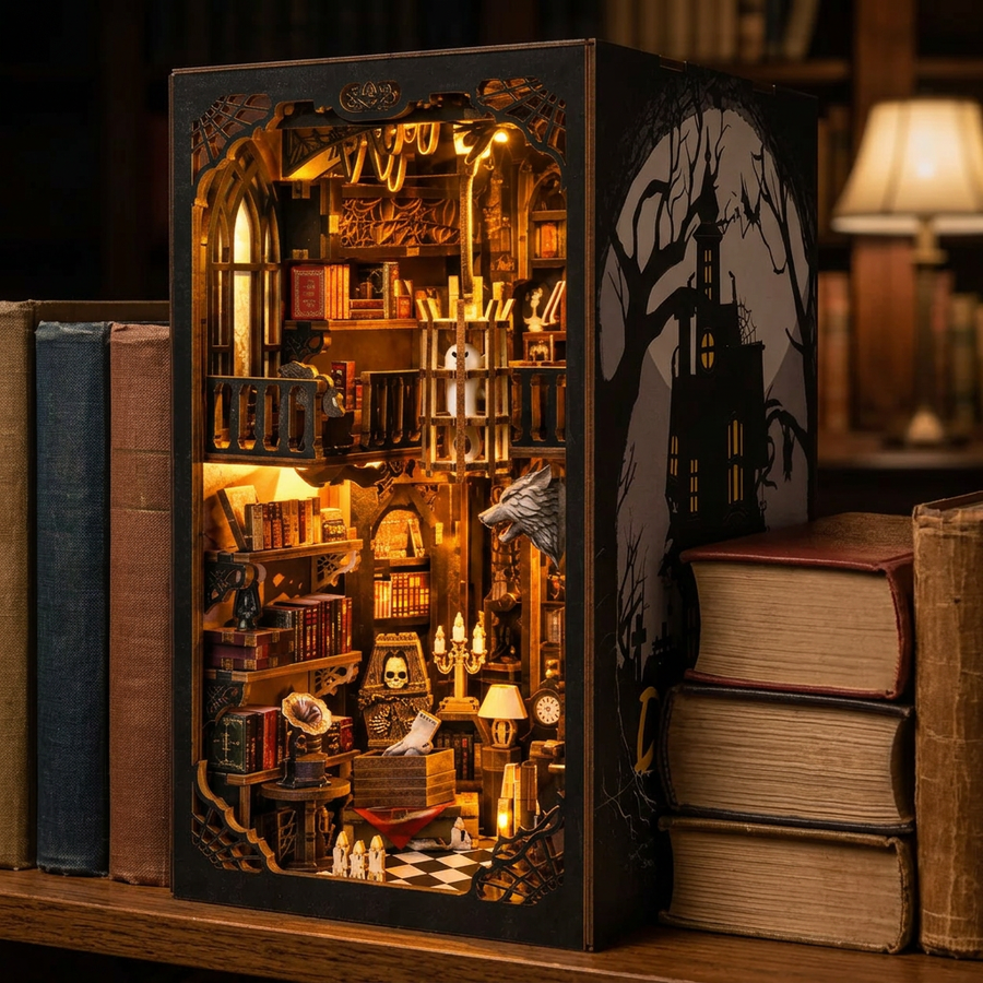 Étape 3 du montage de Le Manoir de Minuit : le kit terminé et allumé entre des livres