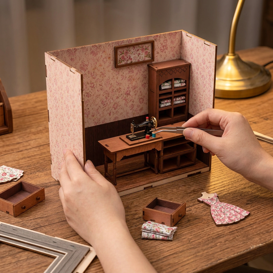 Fase 2 del montaggio: Assemblare – Book Nook Sartoria di Lily — Kit Fai da Te in Legno