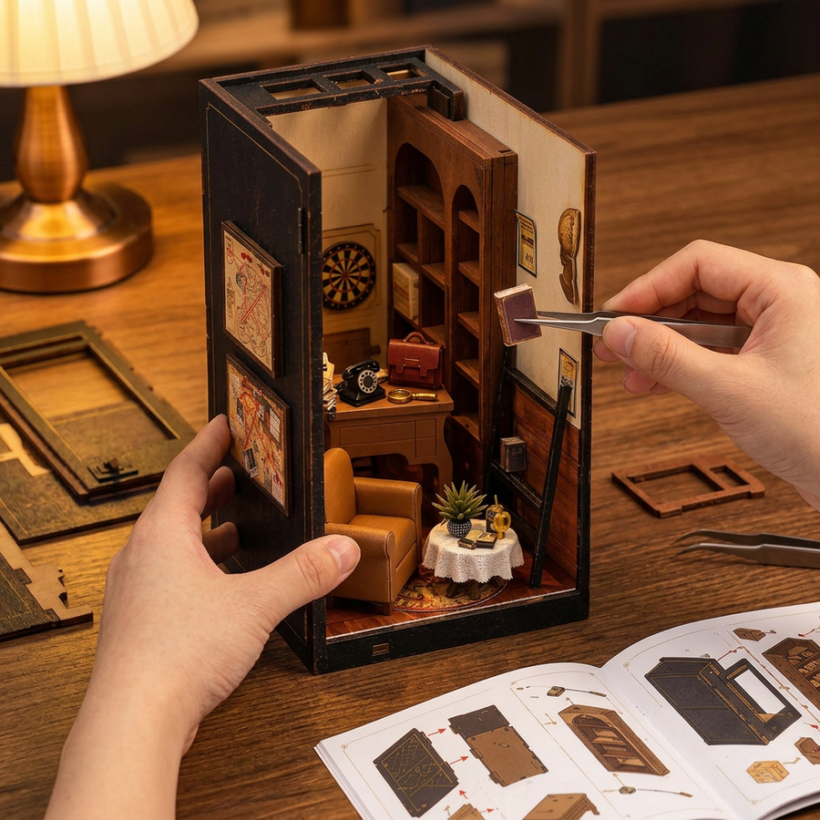 Fase 2 del montaggio: Assemblare – Book Nook Ufficio del Detective — Kit Fai da Te in Legno con LED