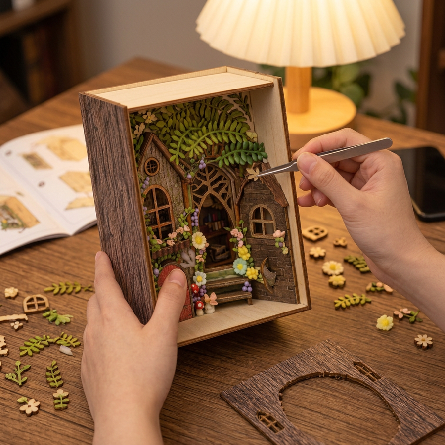 Fase 2 del montaggio: Assemblare – Book Nook Rifugio della Radura — Kit Principianti Formato Libro in Legno