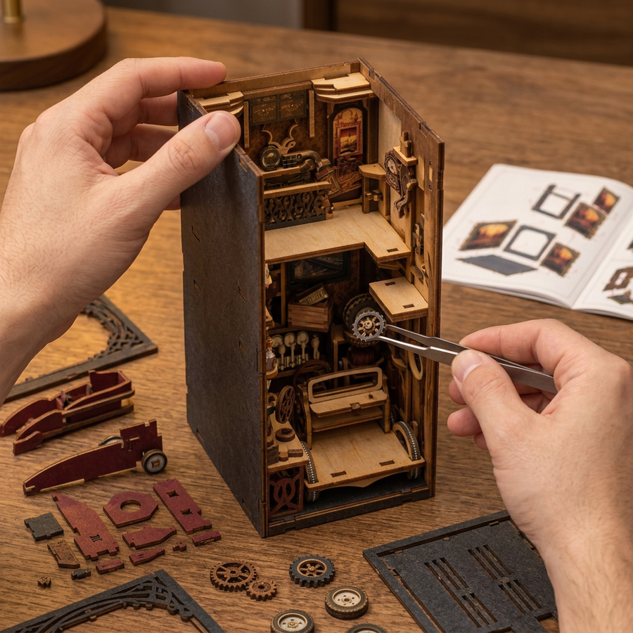 Step 2 of the build: Assemble – Book Nook Collector's Garage — DIY Wooden Kit