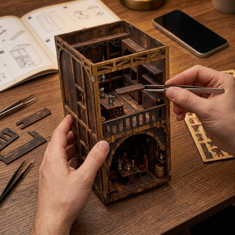 Schritt 2 beim Aufbau: Zusammenbauen – Book Nook Alter Pub — DIY-Bausatz aus Holz
