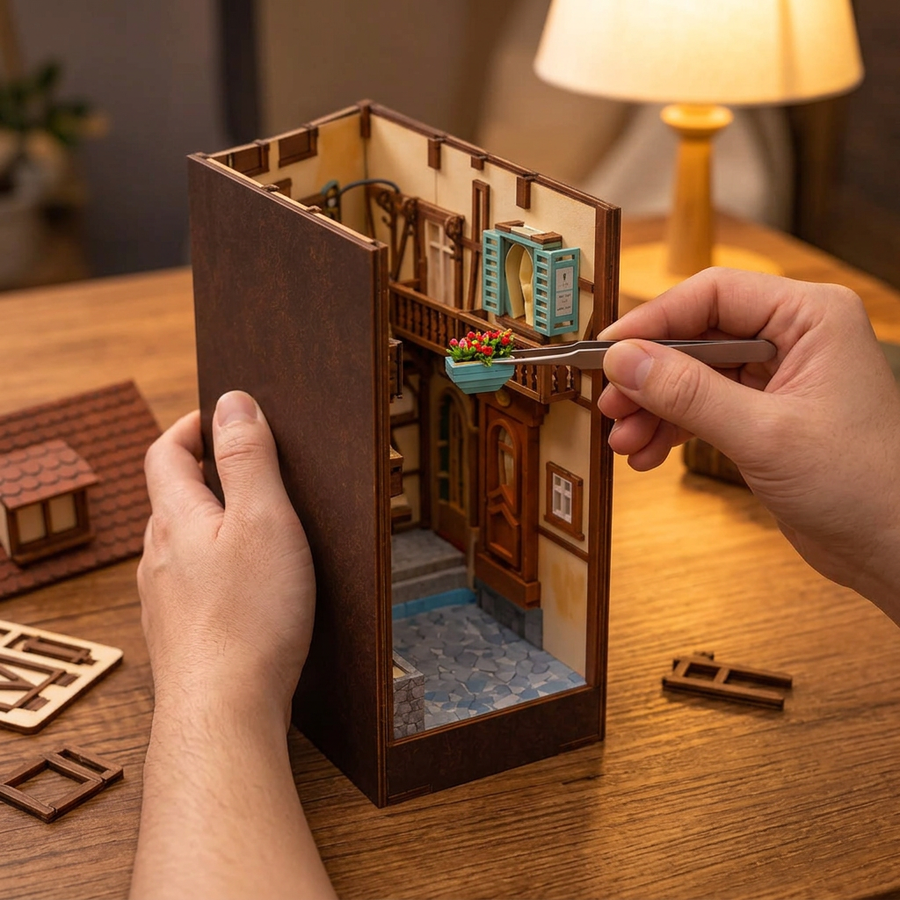Schritt 2 beim Aufbau: Zusammenbauen – Book Nook Colmarer Haus — Elsässer Holzbausatz mit LED