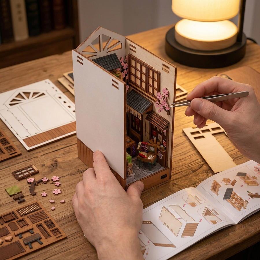 Schritt 2 beim Aufbau: Zusammenbauen – Book Nook Sakura-Regen – Japanisches Kirschblüten-Set aus Holz mit LED