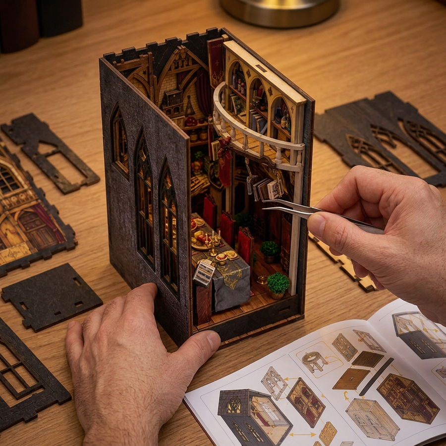 Schritt 2 beim Aufbau: Zusammenbauen – Book Nook Schattentaverne — Gotisches Holz-Set mit LED