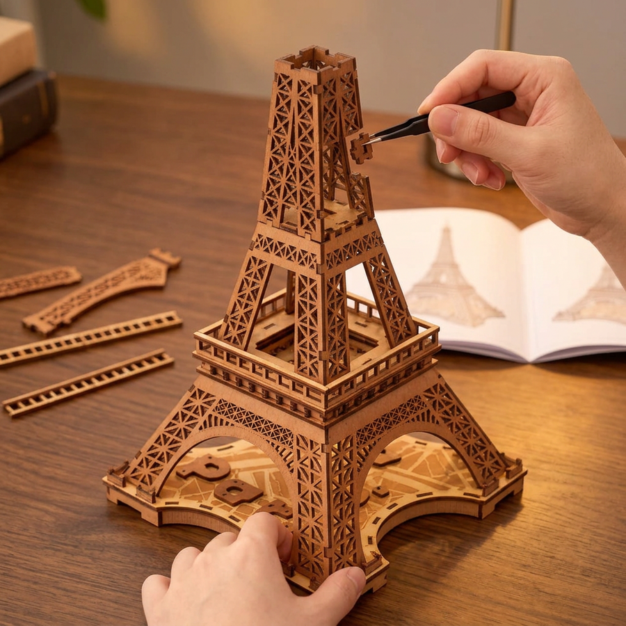 Schritt 2 beim Aufbau: Zusammenbauen – 3D-Puzzle aus Holz — Der Eiffelturm, eine Nacht in Paris