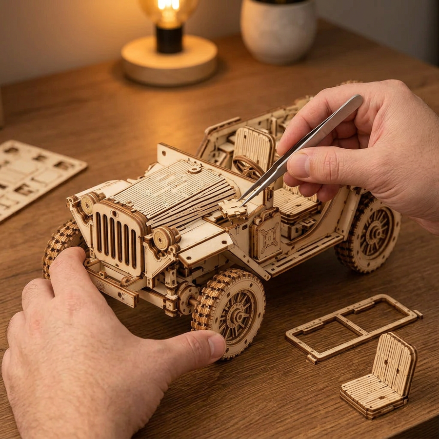 Schritt 2 beim Aufbau: Zusammenbauen – Modellauto Bausatz aus Holz — Der Geländewagen