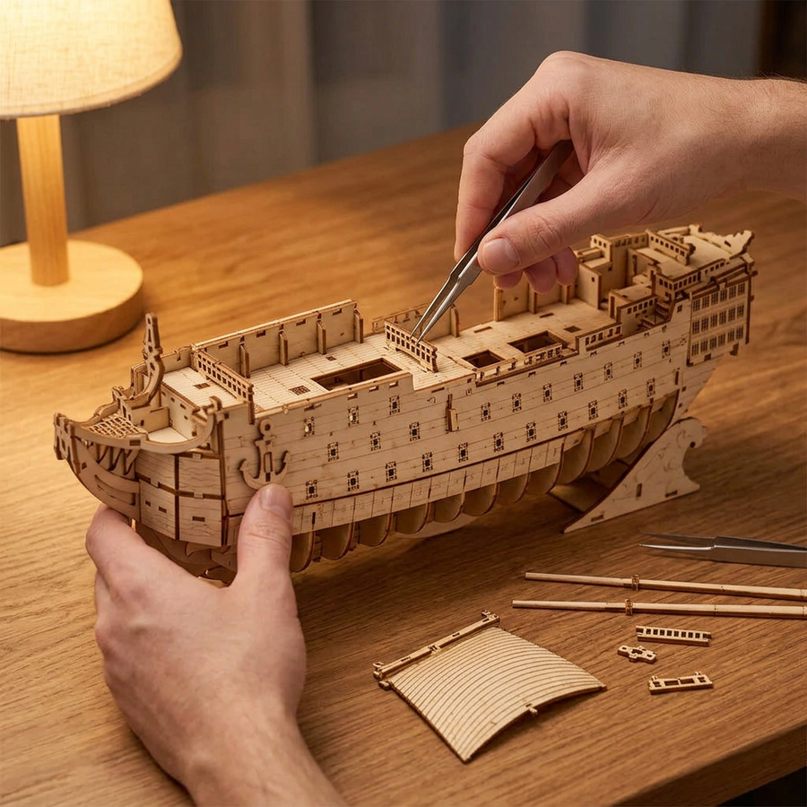 Schritt 2 beim Aufbau: Zusammenbauen – Segelschiff Modell aus Holz — Das Flaggschiff