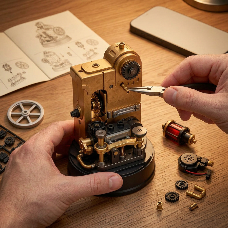 Schritt 2 beim Aufbau: Zusammenbauen – Mechanisches Modell – Der Morse-Telegraf der Industriestadt
