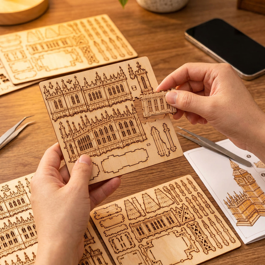 Schritt 1 beim Aufbau: Herauslösen – 3D-Puzzle aus Holz — Der beleuchtete Big Ben