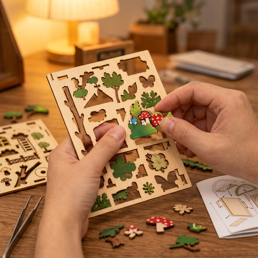 Fase 1 del montaggio: Staccare – Book Nook Bosco delle Lucciole — Kit Fai da Te in Legno con LED
