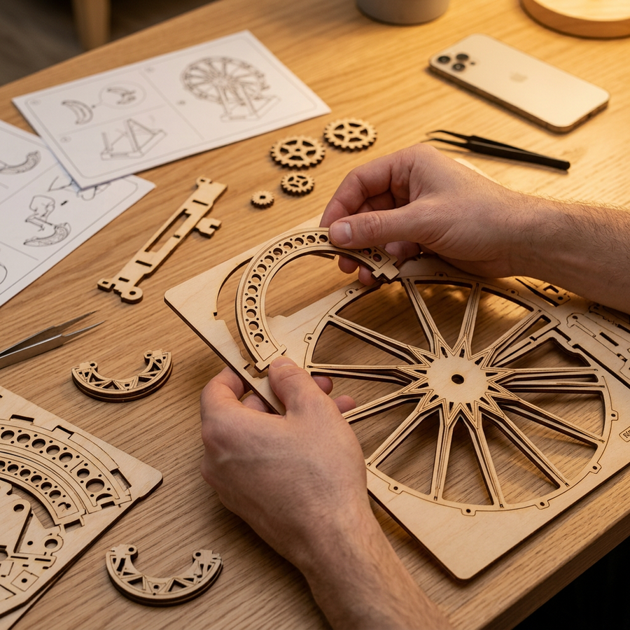 Schritt 1 beim Aufbau: Herauslösen – Spieluhr aus Holz — Das Riesenrad unter dem Bogen