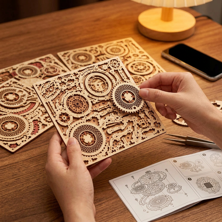 Schritt 1 beim Aufbau: Herauslösen – Uhr-Bausatz aus Holz — Die Steampunk-Wanduhr