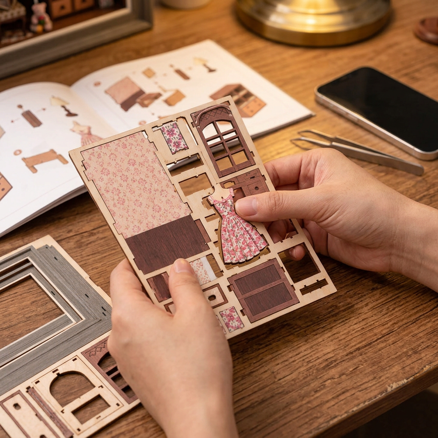 Fase 1 del montaggio: Staccare – Book Nook Sartoria di Lily — Kit Fai da Te in Legno