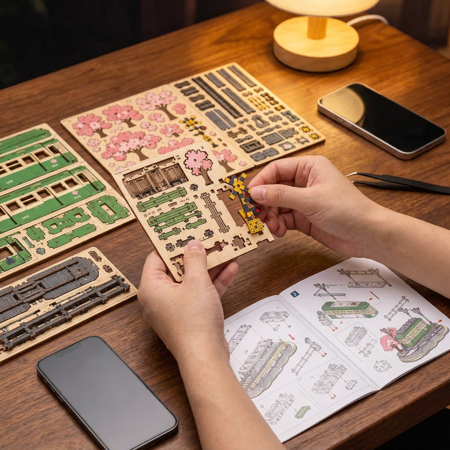 Fase 1 del montaggio: Staccare – Puzzle 3D in Legno — Il Tram dei Ciliegi